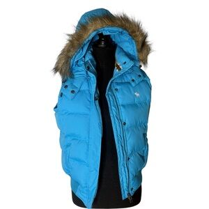 ABERCROMBIE & FITCH Blue Down Filled Puffer Vest Faux Fur Lined Hood Large *FLAW